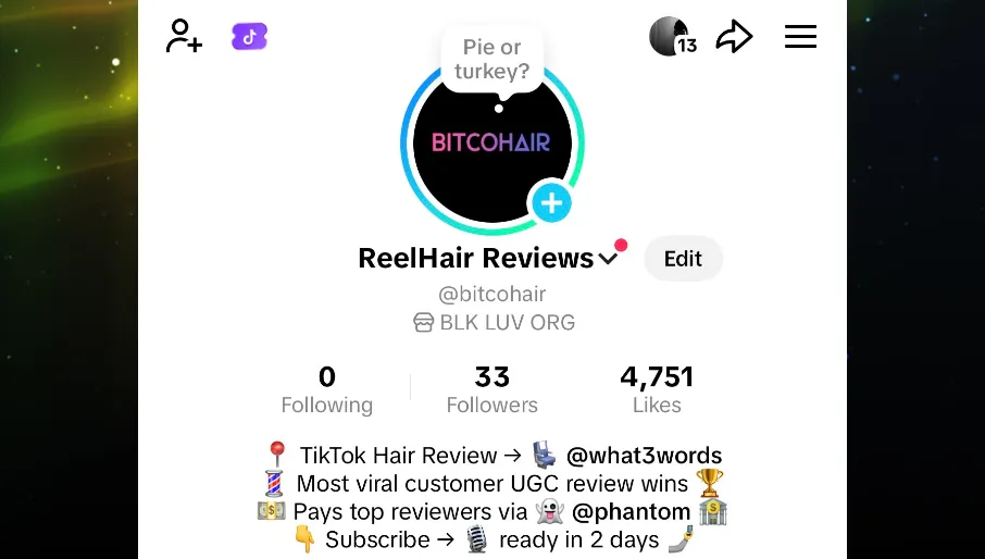 A screenshot of https://tiktok.com/@bitcohair